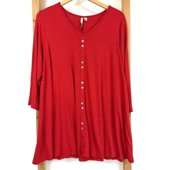 Comfy USA Red 3/4 Sleeve 10 Button Design Tunic Top #1382 Size 1X - Picture 1 of 6
